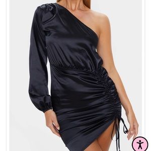 One Shoulder Ruched Satin Bodycon Dress